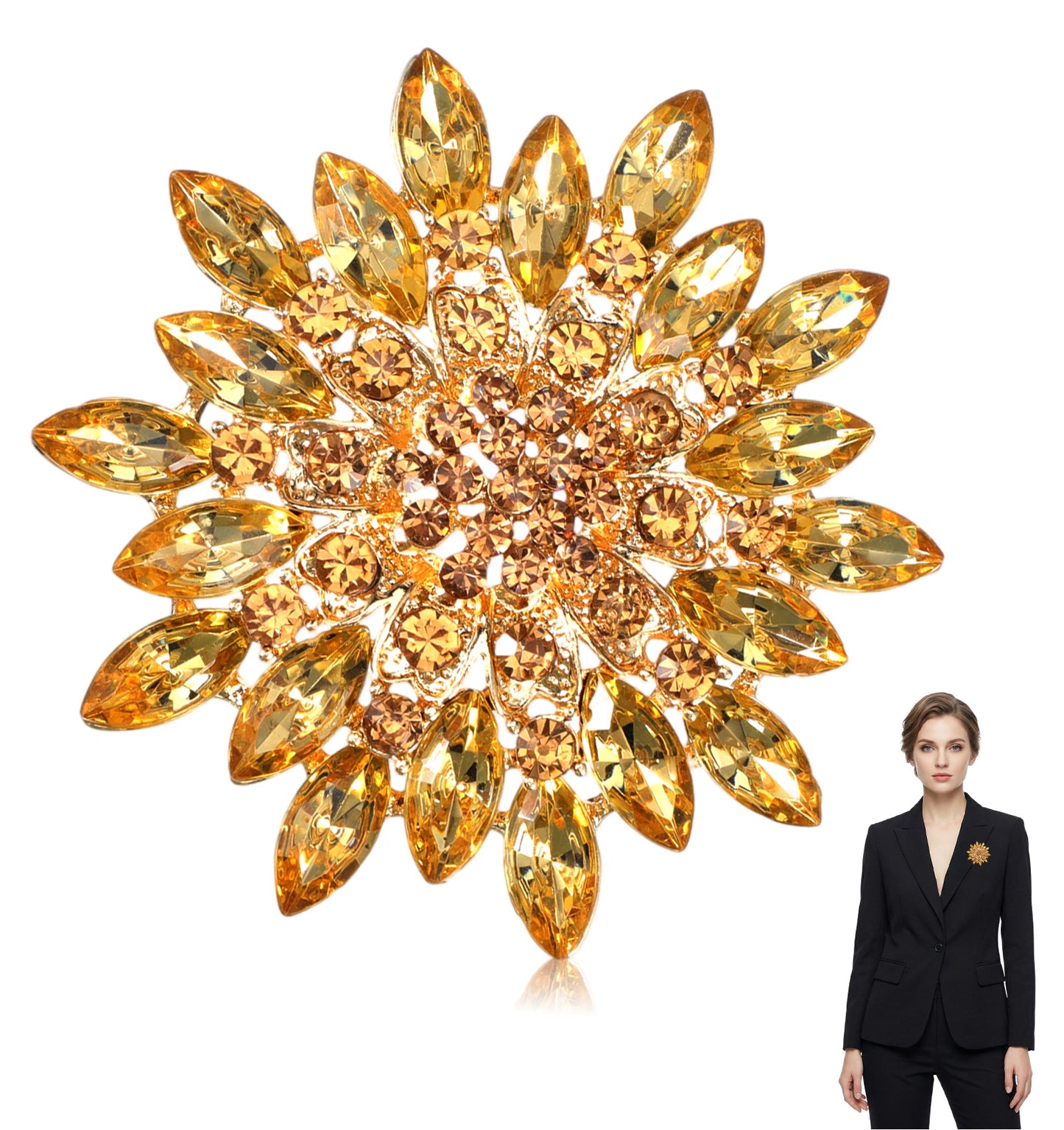 Gold Brooch Pin Sunflower Brooch Pin with Rhinestones for Dress, Coat, Hat, and Scarf Decoration