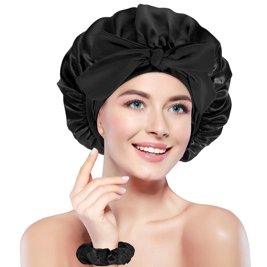 Oruola Black Bonnet for Curly Hair,Hair Bonnet with Elastic Tie Band,Bonnet for Sleeping for Women Natural Curly Braid Hair,Adjustable Sleep Bonnets for Women with Satin Hair Tie
