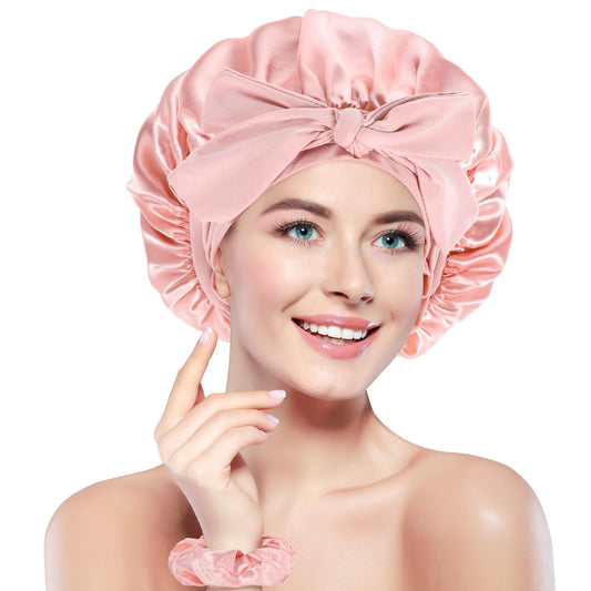 Oruola Bonnet for Curly Hair,Pink Hair Bonnet with Elastic Tie Band,Bonnet for Sleeping for Women Natural Curly Braid Hair,Adjustable Sleep Bonnets for Women with Satin Hair Tie