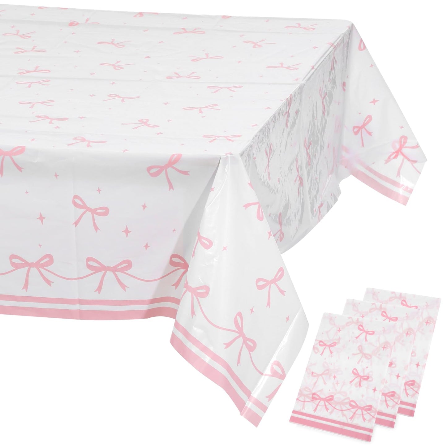 ValueBargain Pink Bow Party Decorative Tablecloth 3-Pack - Crinkle Taffeta Bow-Themed Table Cover for Birthdays/Baby Showers/Coquette Parties, Wrinkle-Resistant Cloth,70.8in x 42.5in