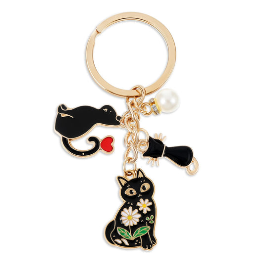 ValueBargain Cat Keyring, Cute Black Cat Enamel Keychain, Flower Charm Cartoon Kitten Keyring, Suitable for Girls & Pet Lovers, Birthday Accessories