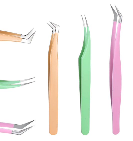 3PCS Eyelash Tweezers for Individual Lashes, Colorful High Precision Eyelash Extension Set Contains Isolation, Curved, and Volume Lash Tweezers