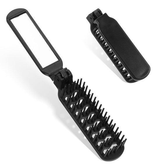 Travel Hair Brush, Set of 2 Travel Brushes with Mirror and Stylish Openwork Design for Men and Women, Portable Foldable Hair Brush, Mini Travel Brush and Anti-Static Folding Brush for Handta