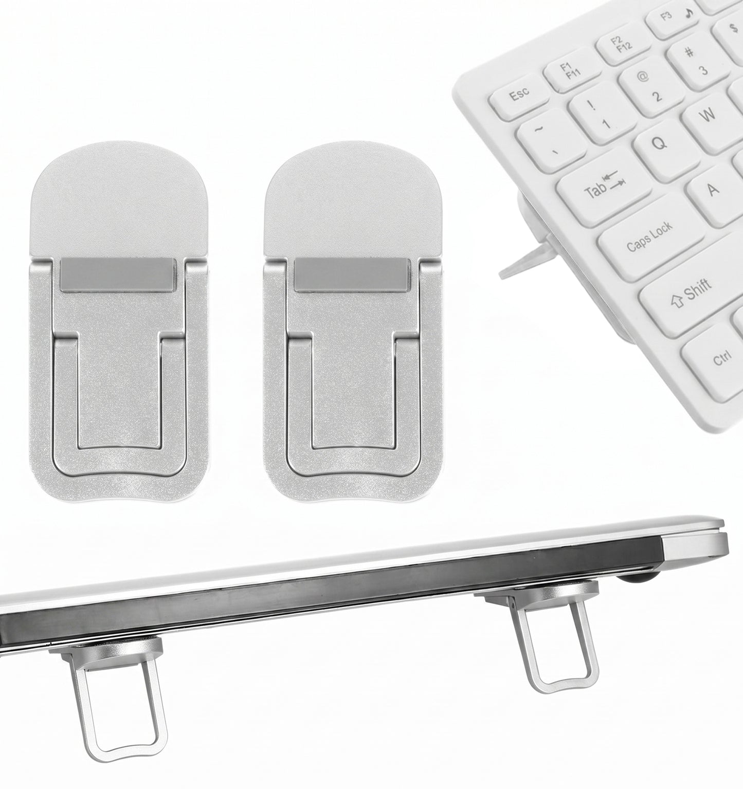 Thrymme 2 Pcs Keyboard Riser, Keyboard Stand for Desktop with Dual Tilt Angle Adjustment, Foldable ABS Laptop Feet, Silver (6 x 3 cm)