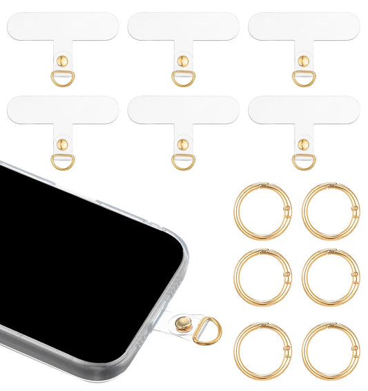 Pack of 6 Mobile Phone Chain Holder, Mobile Phone Chain Pads with Gold Metal Spring Rings, Universal Mobile Phone Tether Tab, Ultra Thin Stronger Mobile Phone Chain Holder for Most Smartphones