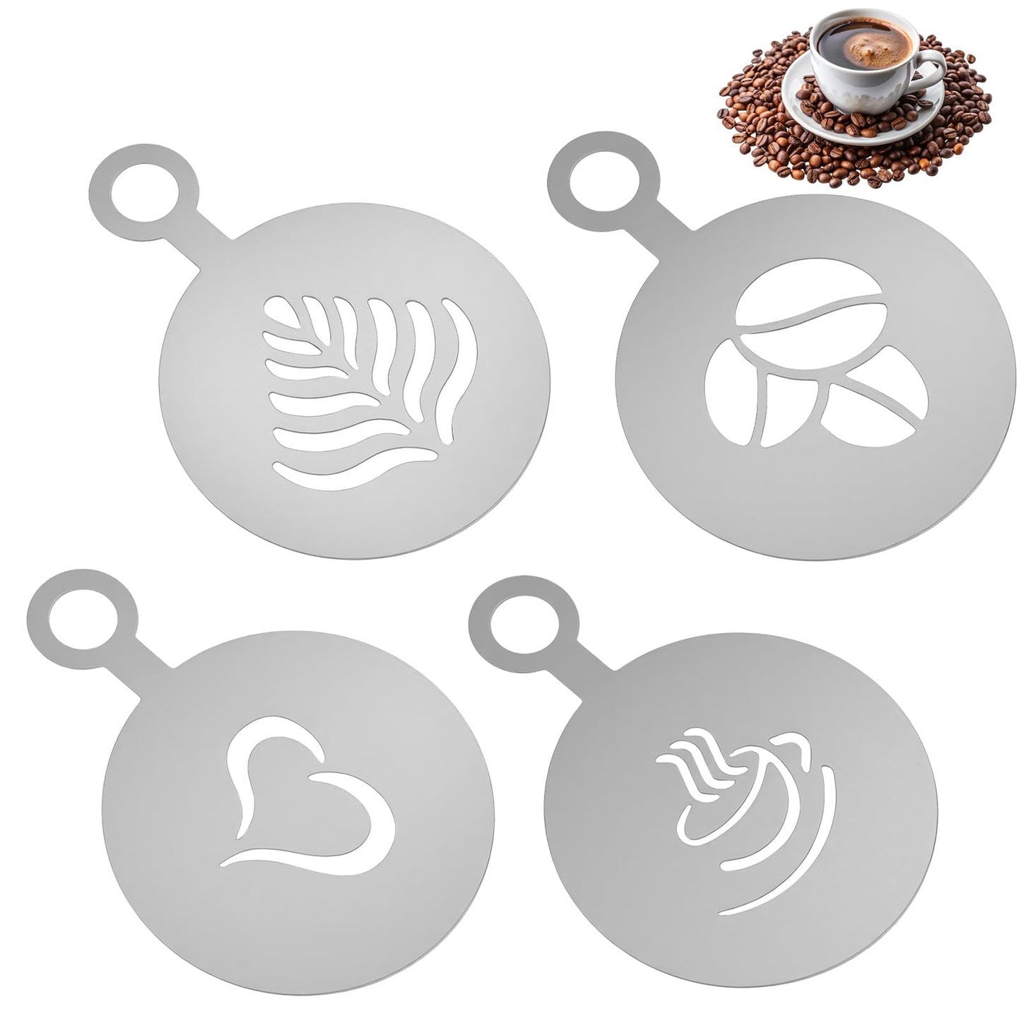 Guduling 4 Pcs Stainless Coffee Stencils Latte Art,Latte Art Stencils,Lattes Stencilss with Various Patterns for Cappuccino Lattes Cake Decorating Coffee Shop and Home Use(Silver)