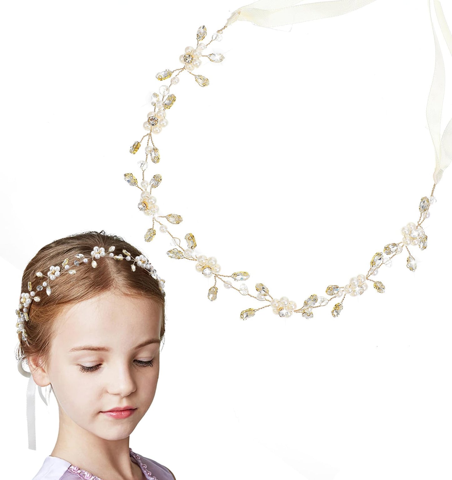 Flower Girl Hair Piece, Flower Girl Hair Piece, First Communion Crown for Girls, Women, Wedding, Birthday, Party (Gold)