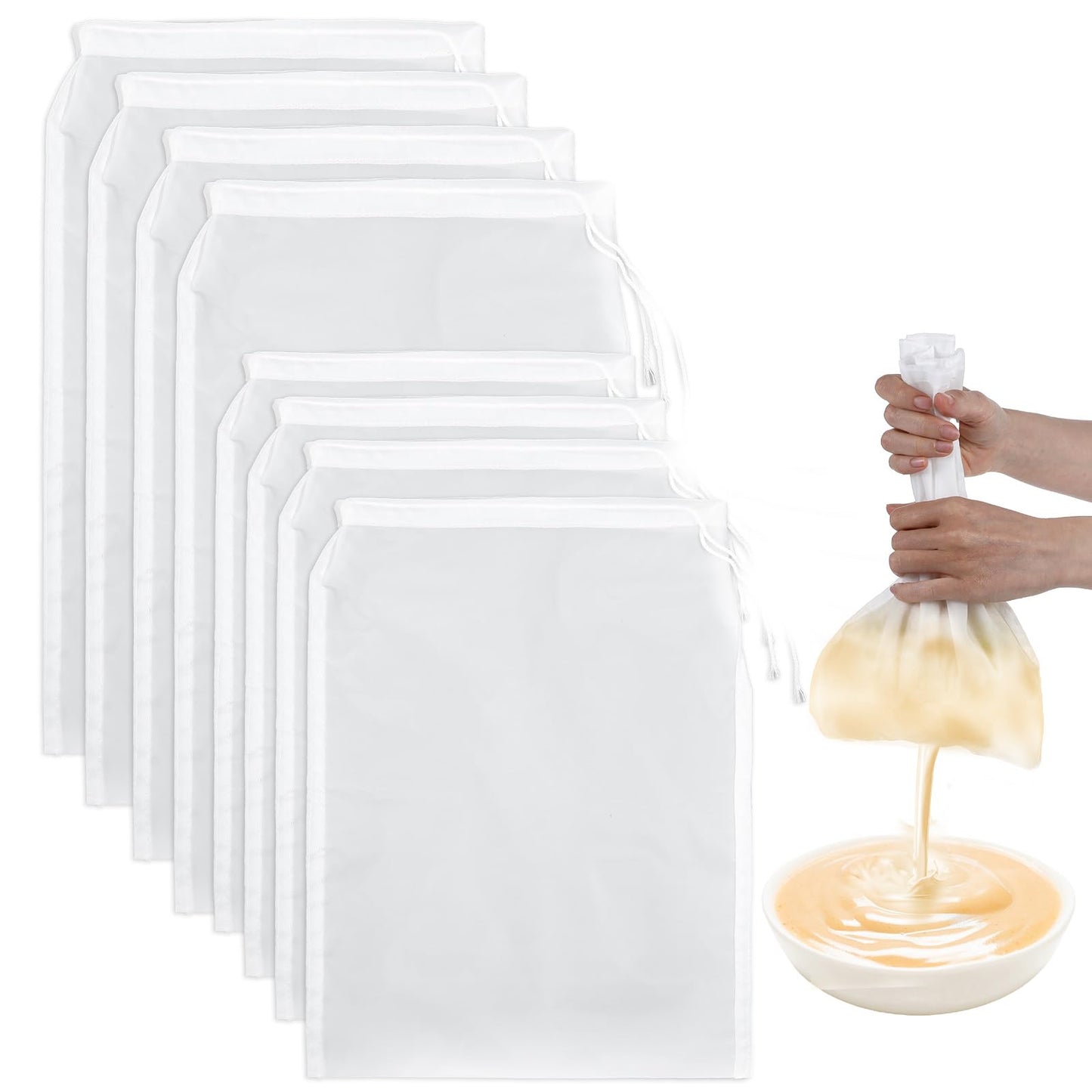 Oruola 8 Pack Cheese Cloths for Straining,Nut Milk Bag,300 Micron Nylon Nut Milk Bag,Reusable Fine Mesh Muslin Bags for Straining Juice,Tofu,Greek Yogurt,Cold Brew Coffee,15 x 20 cm & 20 x 30 cm,White