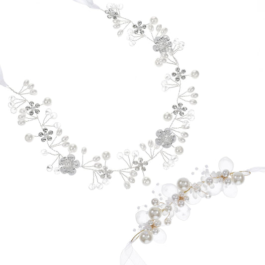 Oruola Flower Crown for Girls,Flower Girl Headpiece and Bracelets,Wedding Headpiece for Bride with Wrist Corsage,Pearls Rhinestone Headband Princess Hair Accessories for Birthday Party Wedding