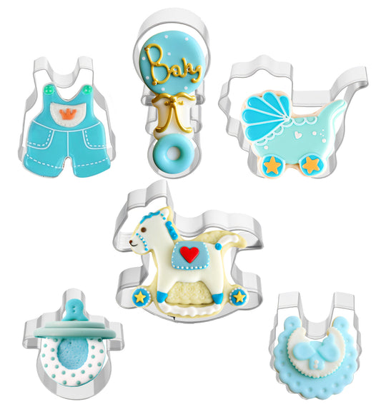 Baby Shower Cookie Cutters, 6 Pcs Stainless Steel Molds with Rattle Stroller Rocking Horse Scarf Pacifier Overalls, Fondant Biscuit Cutters for Birthday Party
