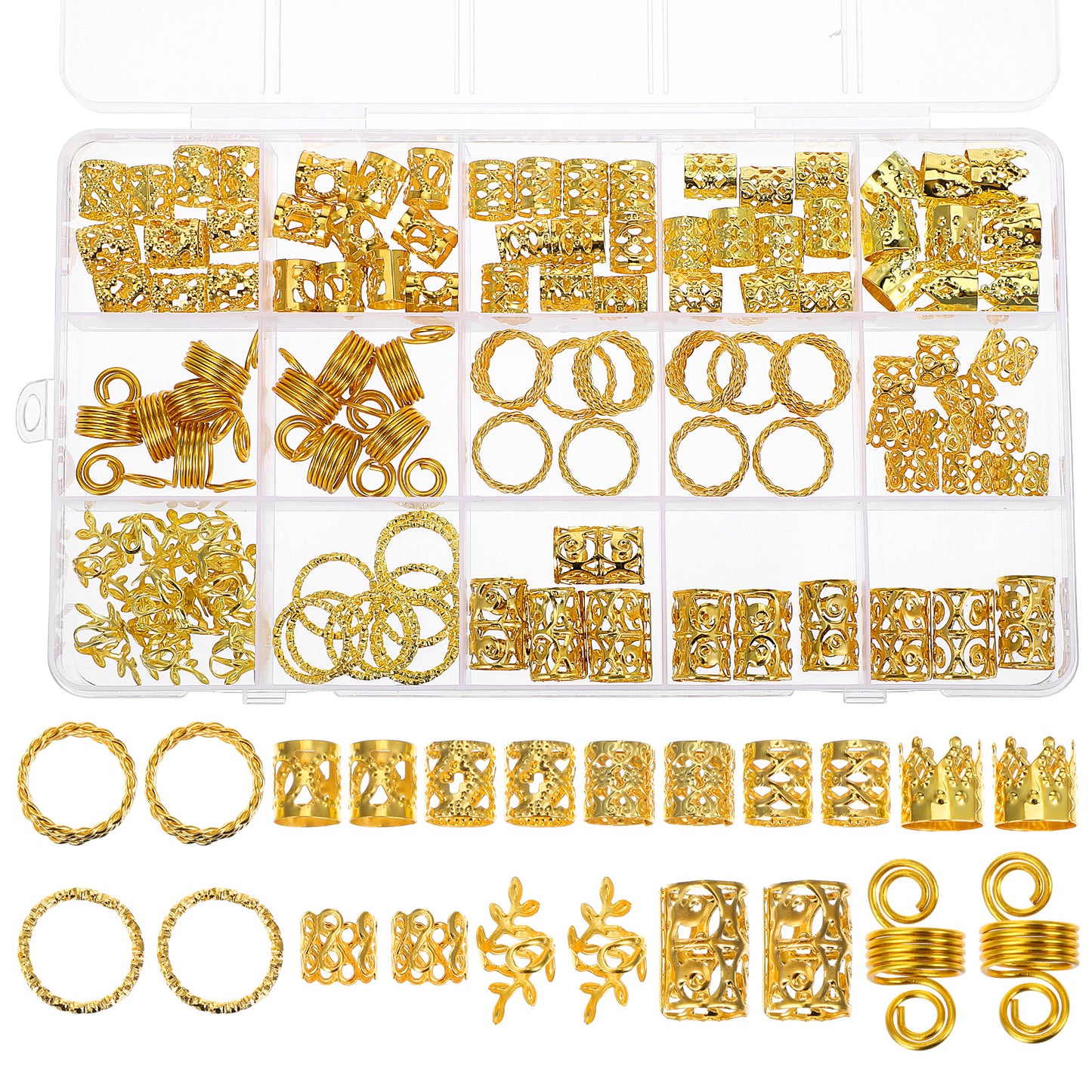 Classicseali 110pcs Hair Jewellery for Braids, Gold Hair Cuffs, Hair Charms for Adults, 11 Different Shapes of Hairs Cuffs for Braids for Women Girls