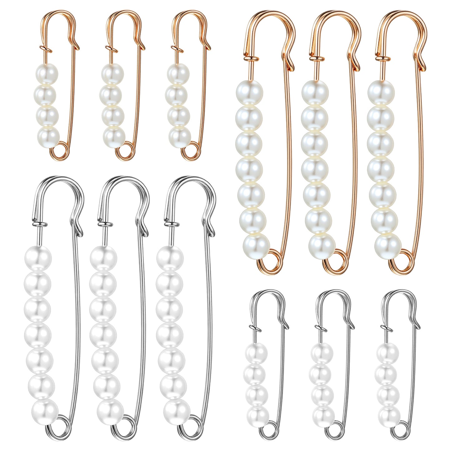 Guduling 12PCS Pearl Brooch Pins,Fashion Faux Pearl Brooch Pin for Women,2 Sizes Decorative Safety Pins with Faux Pearls,Large Shawl Pin for Women Clothing Dress Pants Skirt Accessories,Gold & Silver