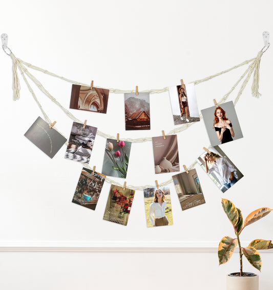 ValueBargain Hanging Photo Display, 13.3 Inch Boho String Photo Display with 20 Clips, Tassel & Wooden Bead Garland, Photo Wall Display for Bedroom, Dorm, Office, Christmas & Kids Art