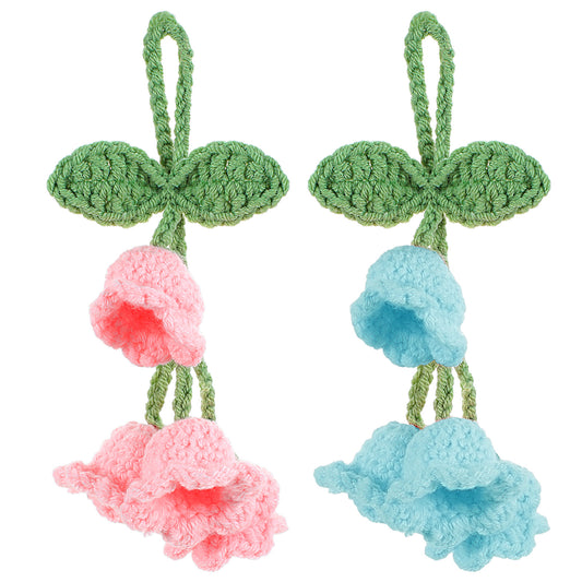 oruola 2pcs Tulip Car Mirror Hanging Ornament,Rear View Mirror Hanging Accessories,Hand Knitted Crochet Flowers,Cute Car Accessories for Women,Cute Little Lily Of The Valley Car Decorations(Pink,Blue)