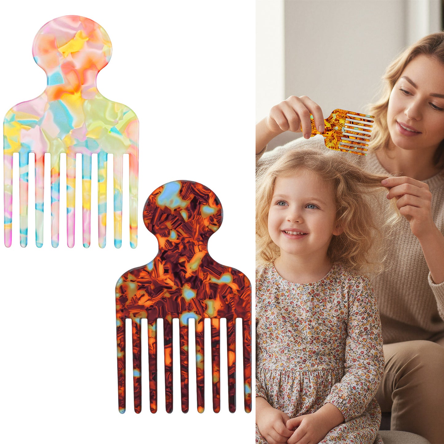 Classicseali 2pcs Afro Comb for Curly Hair, Smooth Detangling Hair Picks Comb, Plastic Hair Pick for Curly Hairs, Afro Pick for Women & Men, Thick Long Hairs Volumizing and Reducing Knots, Colorful