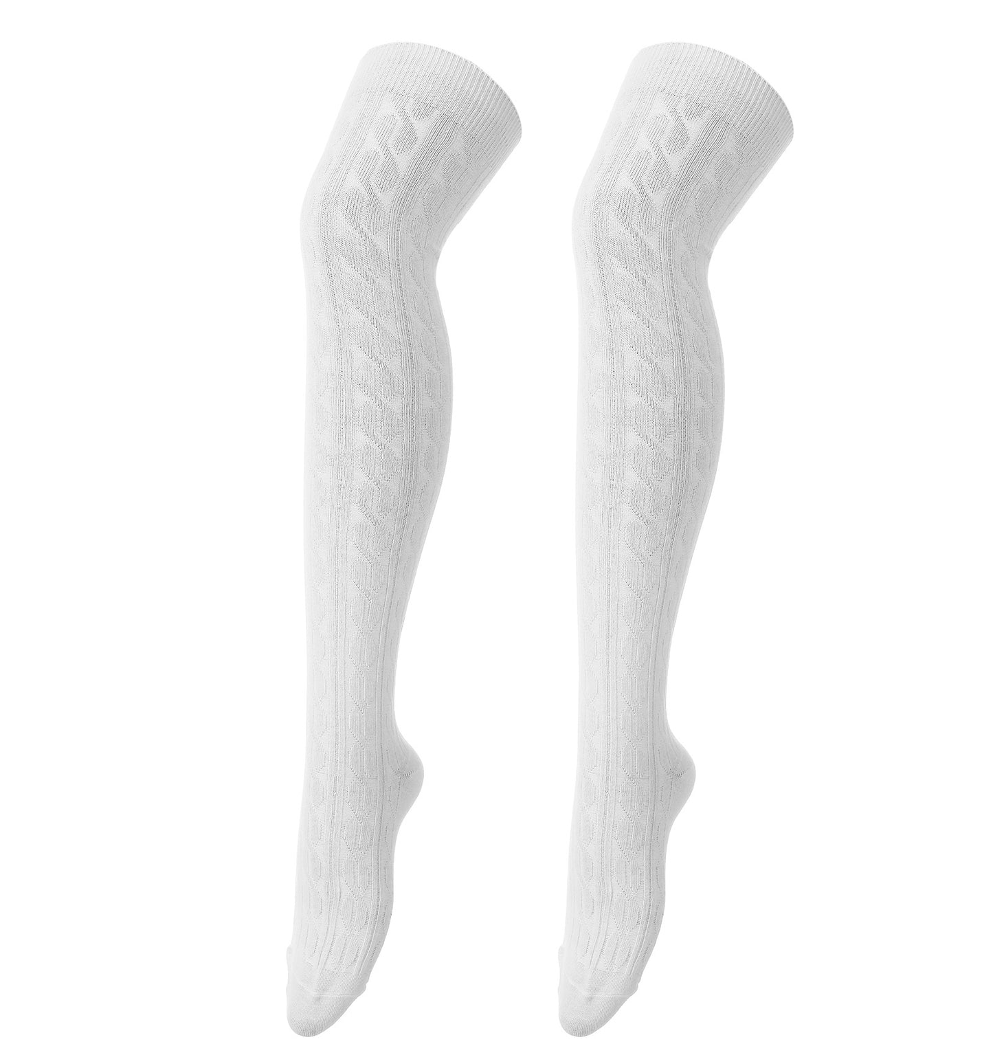ValueBargain White Thigh High Socks, 1 Pair Cable Knit Cotton Over the Knee Womens Long White Socks, Fluffy & Warm Perfect for Winter Boot, Women’s Fashion Long Knee-High Boot Stocking