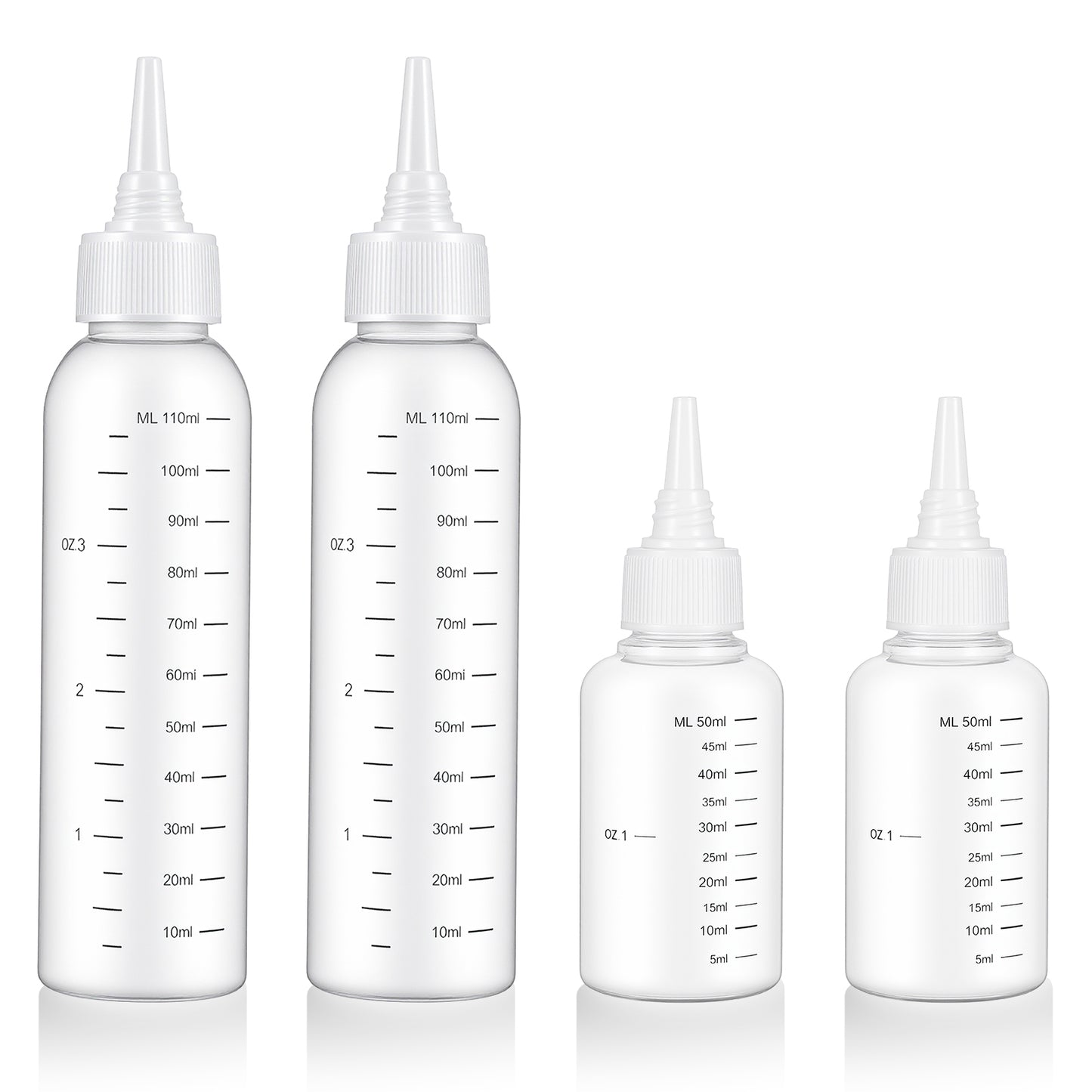 guduling 4 Pcs Hair Oil Bottle,Plastic Oil Bottle for Hair,Hairs Bottles Applicator with Clear Graduated Scale Twist-On Top Tip Cap, for Scalp Root Dye Container(2 Size)