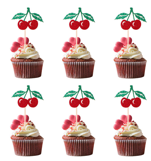 Cherry Cake Decorations 36-Pack - Red and Green Glitter Cupcake Toppers for Baby Showers/Birthdays, Fruit Theme Cake Picks (Sweet Cherry Party Supplies)