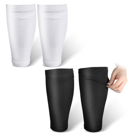 Shin Guard Sleeves, 2 Pairs Soft Breathable Shin Pad Socks for Football Above 12 Years Old Kids Teenagers Adults Beginners Youth (Black & White)