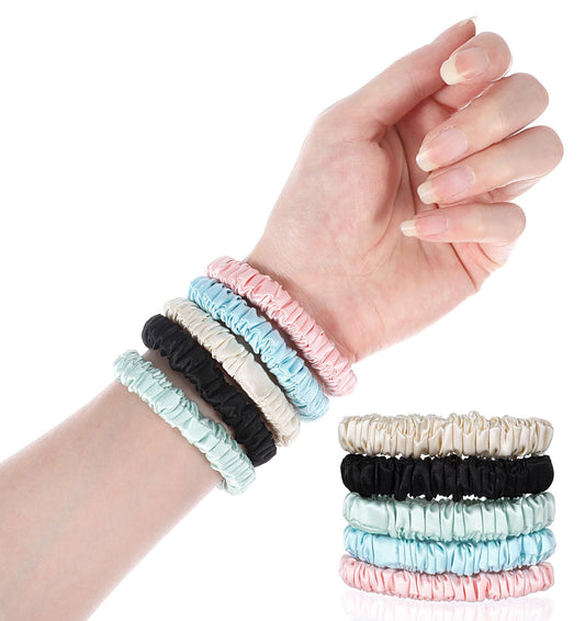 Silk Skinny Scrunchies, 5 Pcs Thin Scrunchies, Small Elastic Silk Slip Hair Ties for Women, Girls, Most Hair Type, Sleeping, Makeup, Travel, Daily Use (Multi-colored)