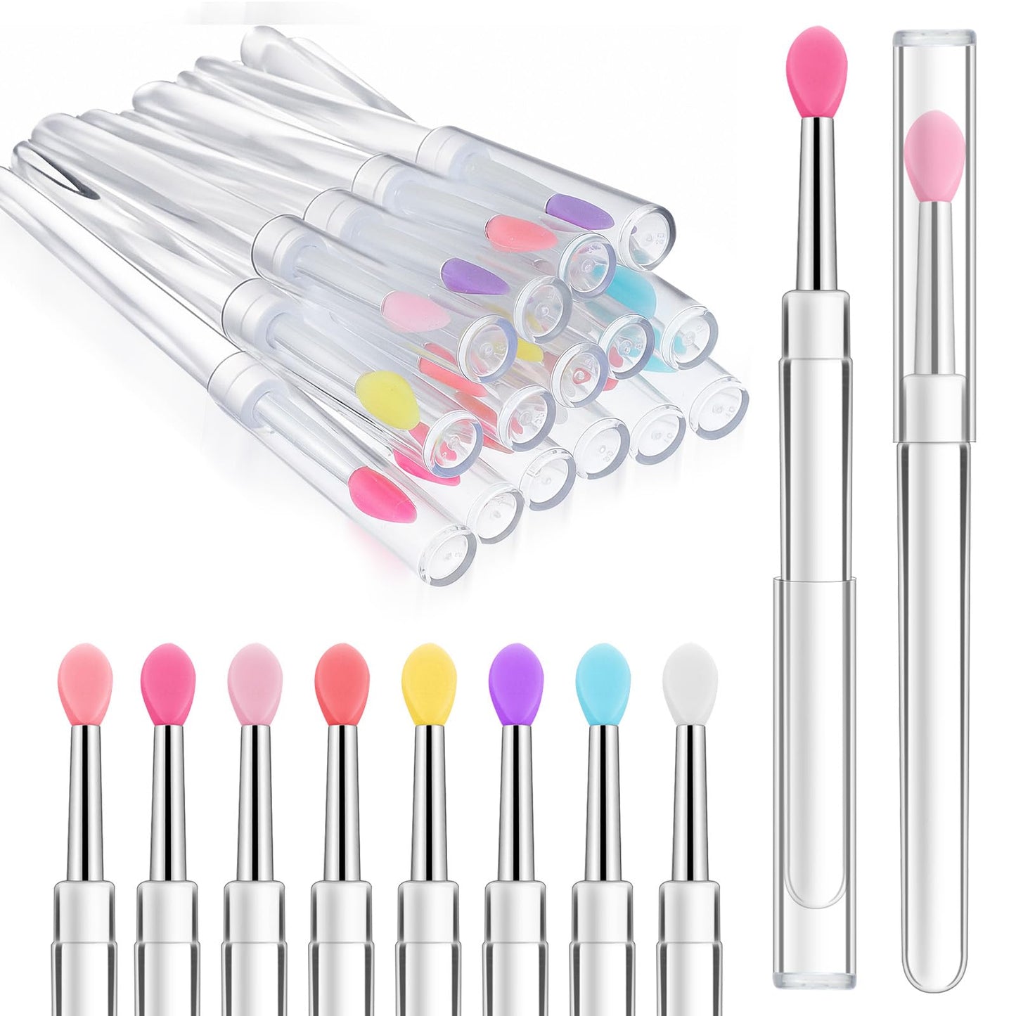 Guduling 16 Pcs Silicone Lip Applicator,Silicone Lip Brushes with Cap,Lips Applicators Reusable with Transparent Handles,Beauty Tool Kits for Lipstick Gloss Balm Eyeshadow(8 Color)