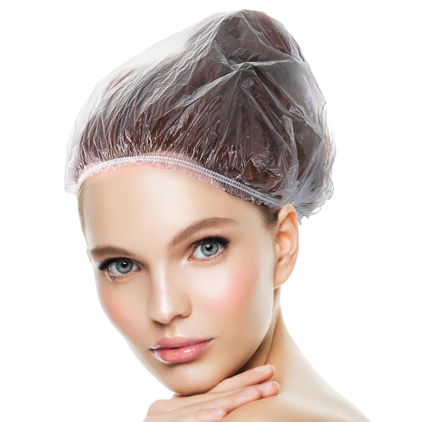 Oruola 100pcs Plastic Shower Caps,Disposable Shower Caps,Plastic Caps for Hair Treatment,42CM Plastic Elastic Shower Cap Disposable Waterproof Home Use Hotel Hair Salon Travel,Each Individual Package