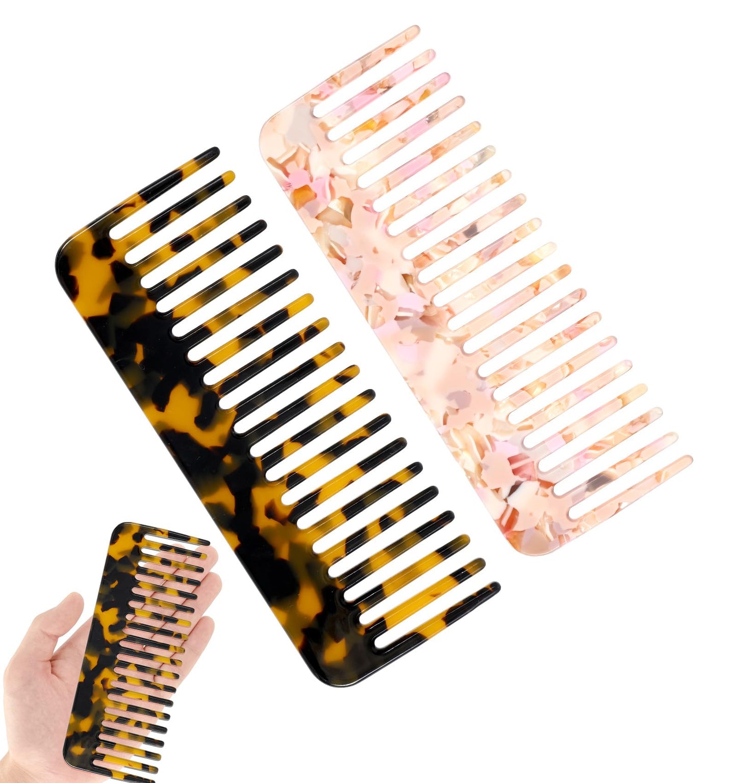 2PCS Large Wide Tooth Comb for Women, Tortoise Shell Comb for Thick Curly Wavy Wet Dry Hair, Suitable for Women Girls, Apricot Pattern (4.65×1.77 inch)
