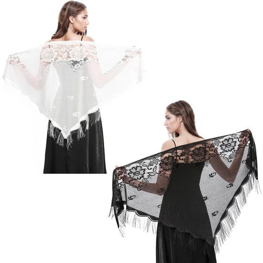 oruola 2pcs Shawls and Wraps for Evening Dresses,Black Lace Shawl with Tassels for Evening Party,Shawls and Wraps for Weddings,Triangle Shawl Wrap 1920s Shawl for Women(Black And White)