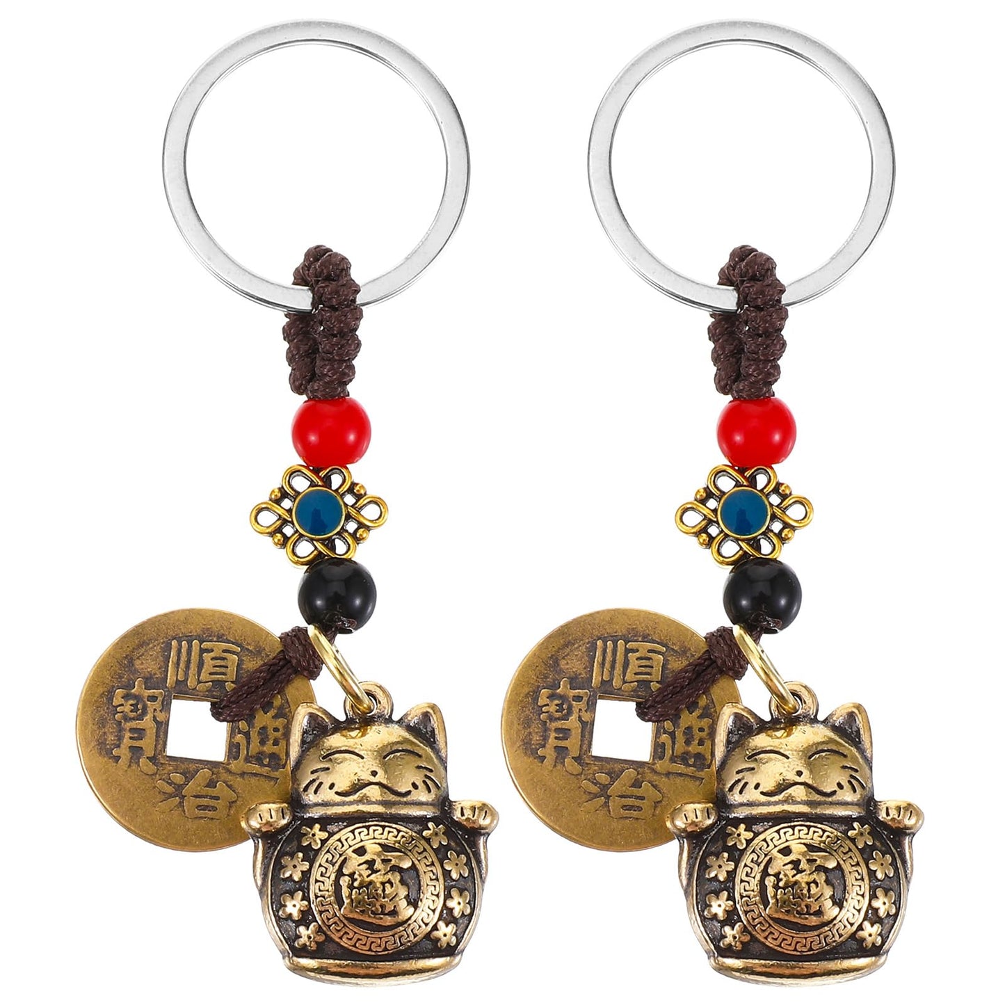 Classicseali 2PCS Lucky Cat Keychain, Lucky Cat Charm with Feng Shui Coins Brass, Vintage Cute Cat Keychain, for Women Girls