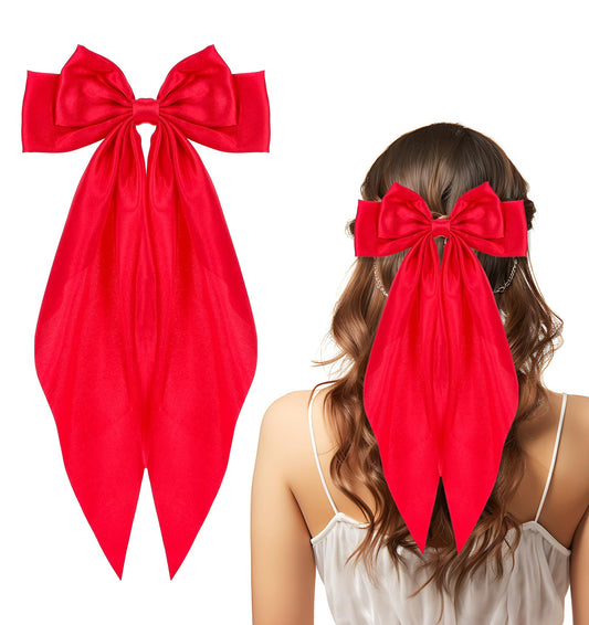 2 Pcs Red Bow Hair Clip, 14-inch Big Red Hair Bow with Long Tail Bowknot Metal Pins for Women, Girls, Red Satin Bow and Red Barrettes for Wedding, Birthday, Parties, Red