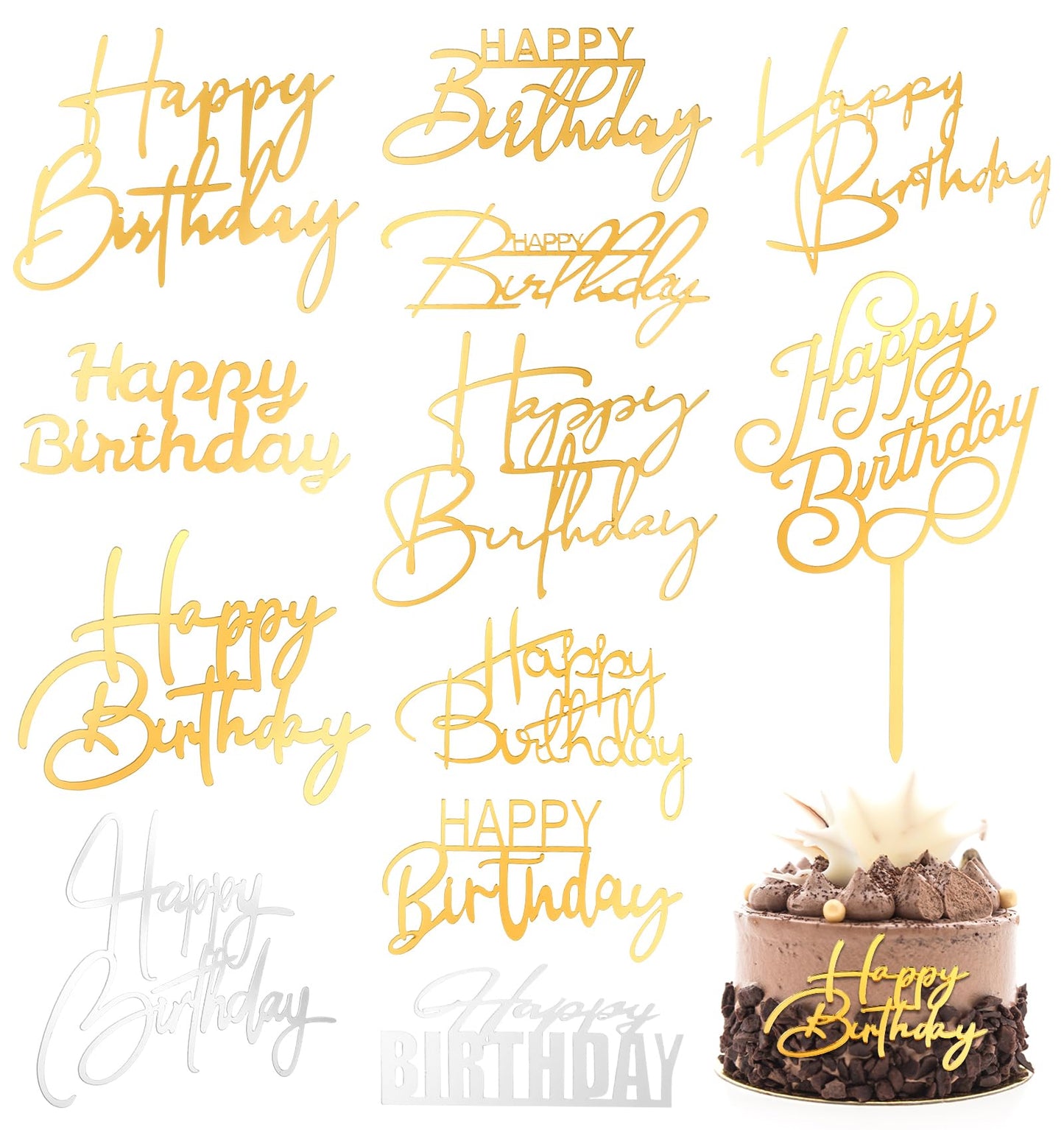 Side Mirror Acrylic Cake Toppers, 12PCS Happy Birthday Decorations with Gold and Silver Accents for Cupcake and Party Supplies