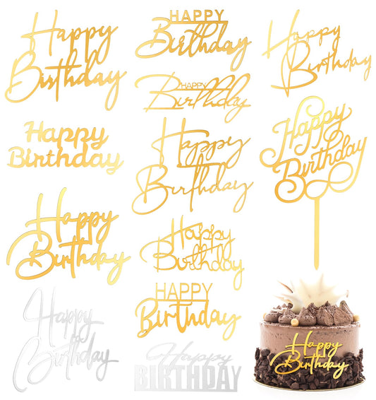 Side Mirror Acrylic Cake Toppers, 12PCS Happy Birthday Decorations with Gold and Silver Accents for Cupcake and Party Supplies