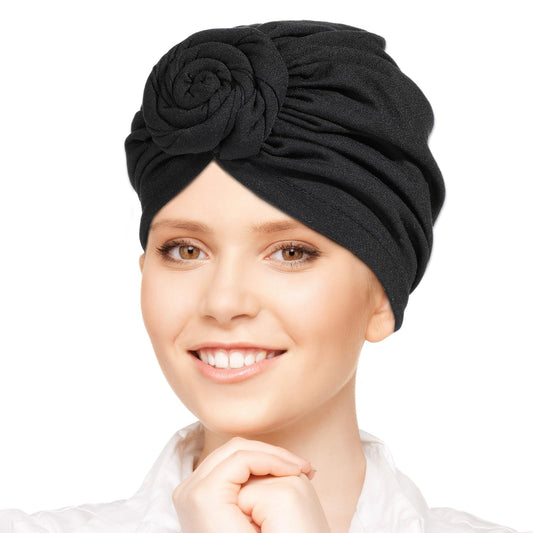 oruola Head Wraps for Women,Soft Turbans for Women,Tied Bonnet Turban Knot Beanie Cap Headwrap Hat,Sleep Hat Pleated Cancer Turban Cap Chemo Headwrap for Women Girl Black, Black, 7 3/8-7 7/8