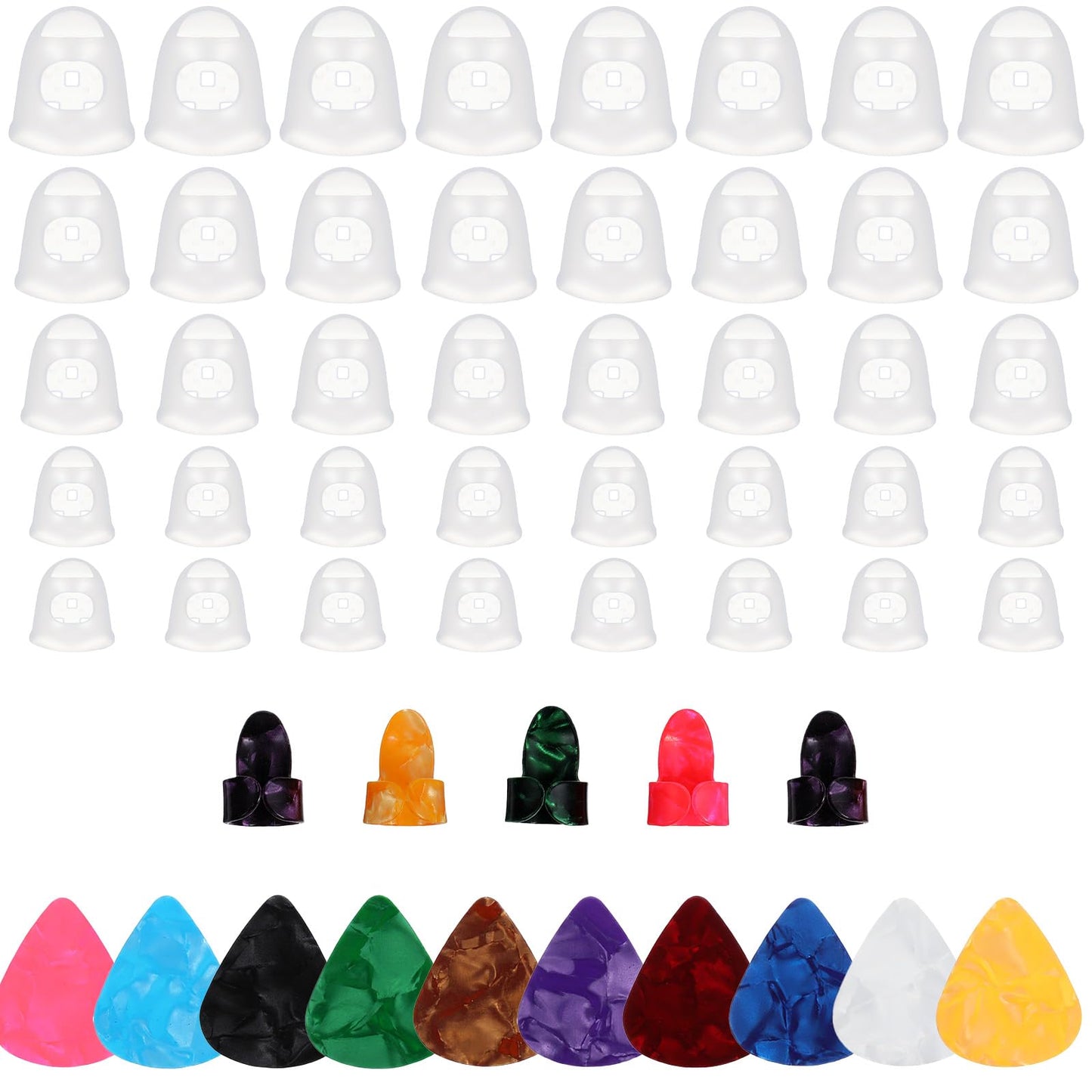 Elegaperma 55 Pieces Guitar Finger Guards Finger Guards for Guitar Players with Guitar Pick, Finger Guards Silicone for Guitar, Ukulele, Bass, Sewing and Embroidery (5 Sizes)