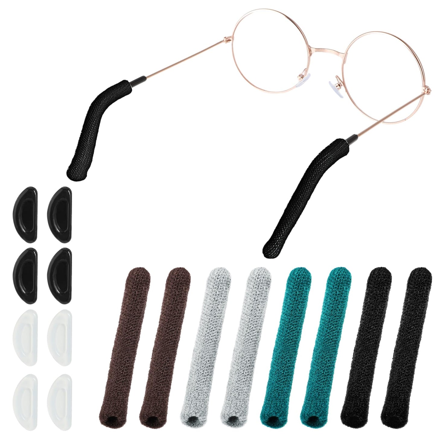 Classicseali 4 Pairs Glasses Ear Cushions,Cushion for Glasses Behind Ear,Soft Knitting Cotton Eyeglass Arm Cushions,Anti-Slip Glasses Ear Cushion with 8 Eyeglass Nose Pad (Multicolor)