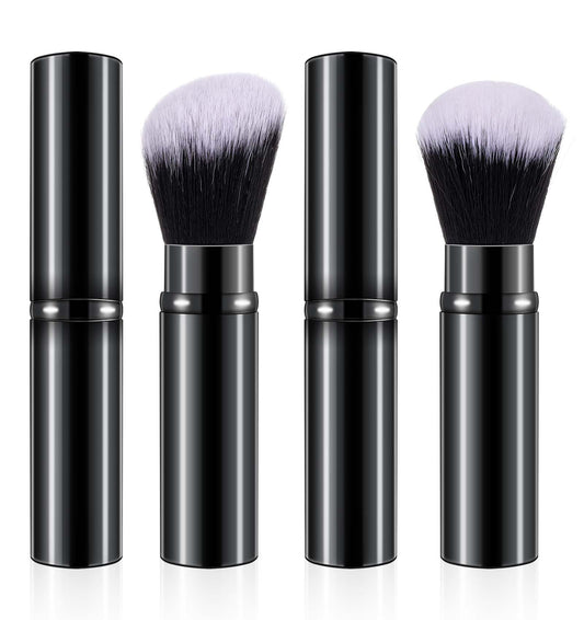 Retractable Makeup Brushes - 2 Pack Black Kabuki Brush Set for Liquid/Cream/Powder, Compact Travel Foundation Brush with Case, Portable Cosmetic Tools for Makeup Bags