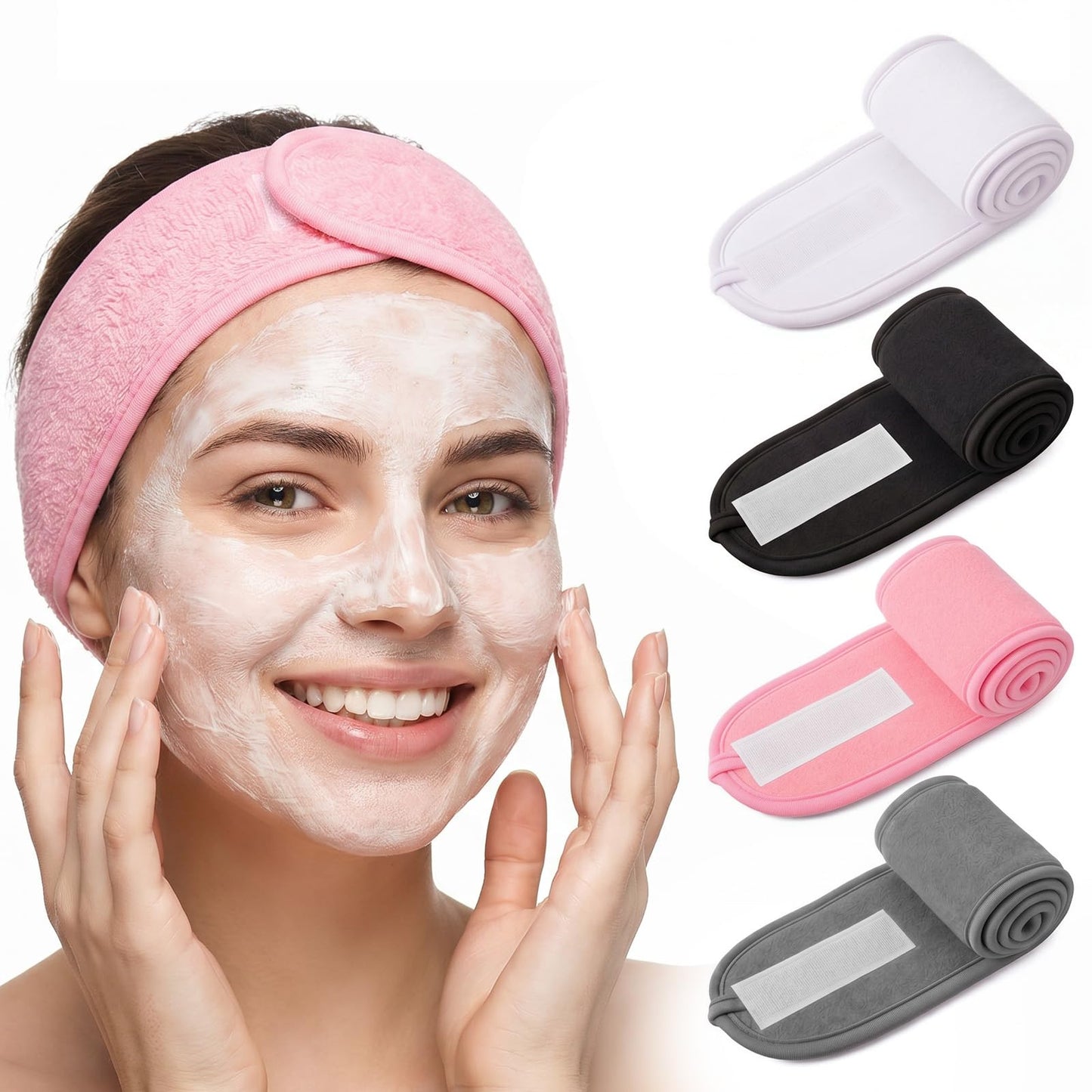 Elegaperma 4 Pcs Terry Headband for Women, Adjustable Non-Slip Facewash Headband for Makeup, Washing Face & Shower - Soft Stretchable Hair Wrap (White, Black, Grey, Blush Pink)