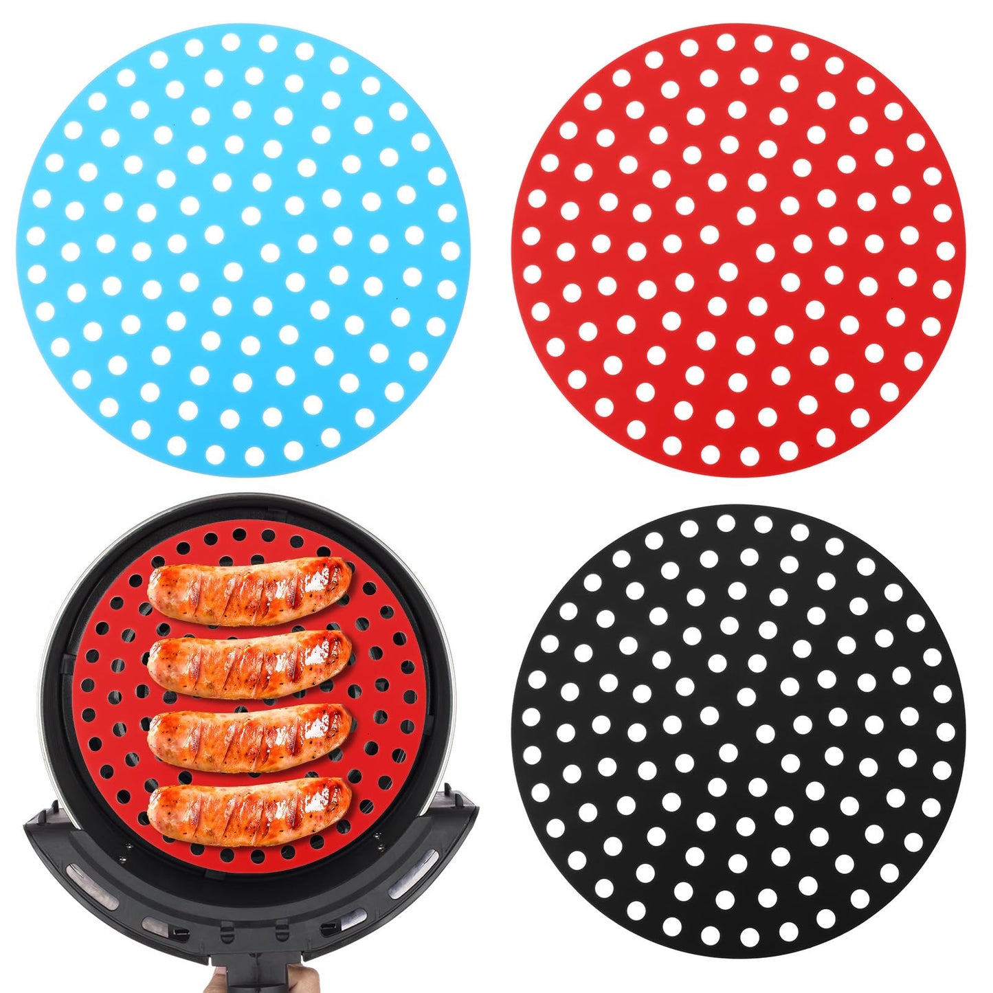 Classicseali 3PCS Silicone Air Fryer Liners, 8 Inch Round Non-Stick Air Fryer Silicone, Easy to Clean Reusable Airs Fryers Liners, for Most Airs Fryers Baskets, Black, Red, Blue