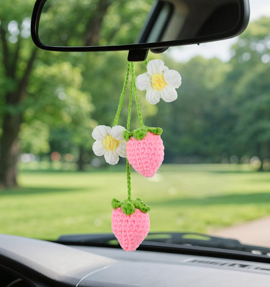 Strawberry Car Decor 2-Pack - Crochet Handmade with Polyester Fiber Cute Aesthetic Hanging Ornaments for Cars Women Girls Rearview Mirror Accessories
