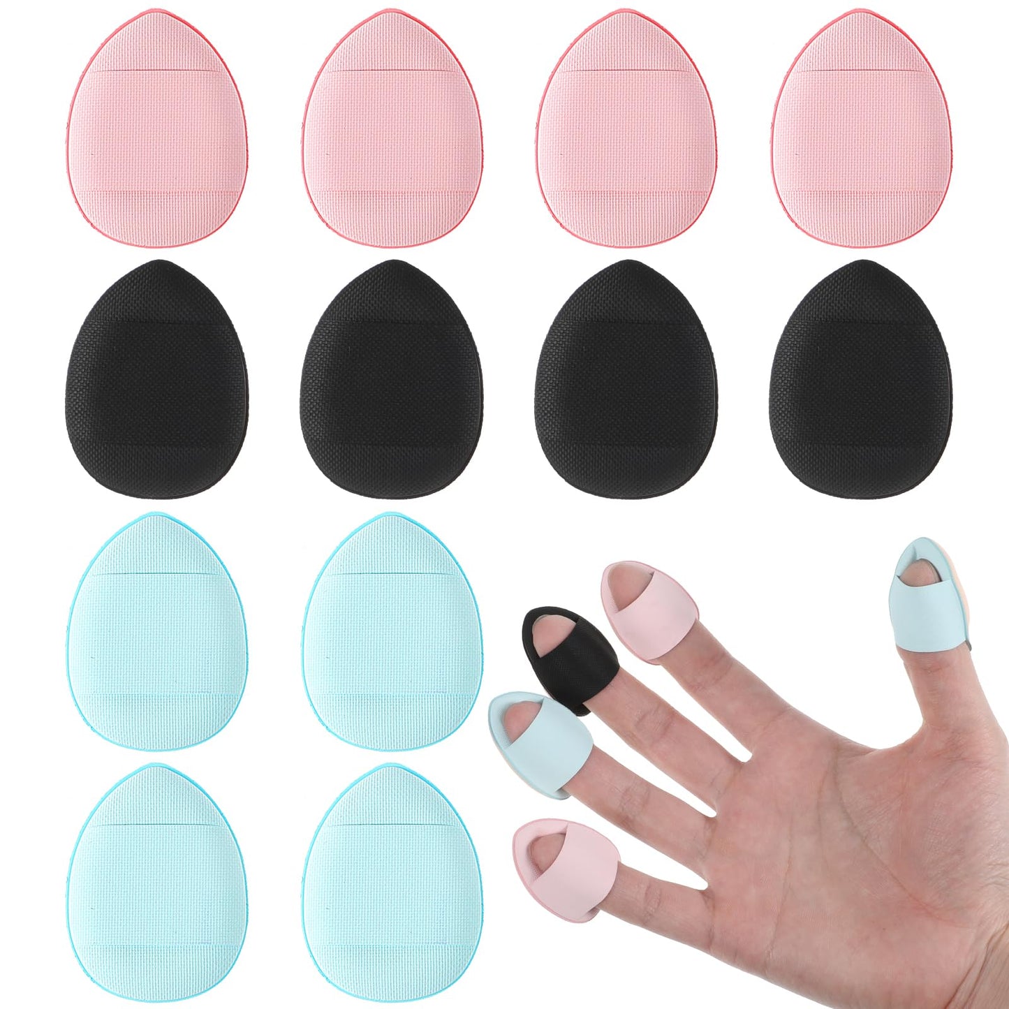 Oruola 12pcs Mini Powder Puff,Drop-Shaped Makeup Puff,Finger Powder Puff for Applying Loose & Pressed Powders,Soft, Reusable & Washable,Mini Powder Puff for Foundation for Women Girls(Pink,Blue,Black)