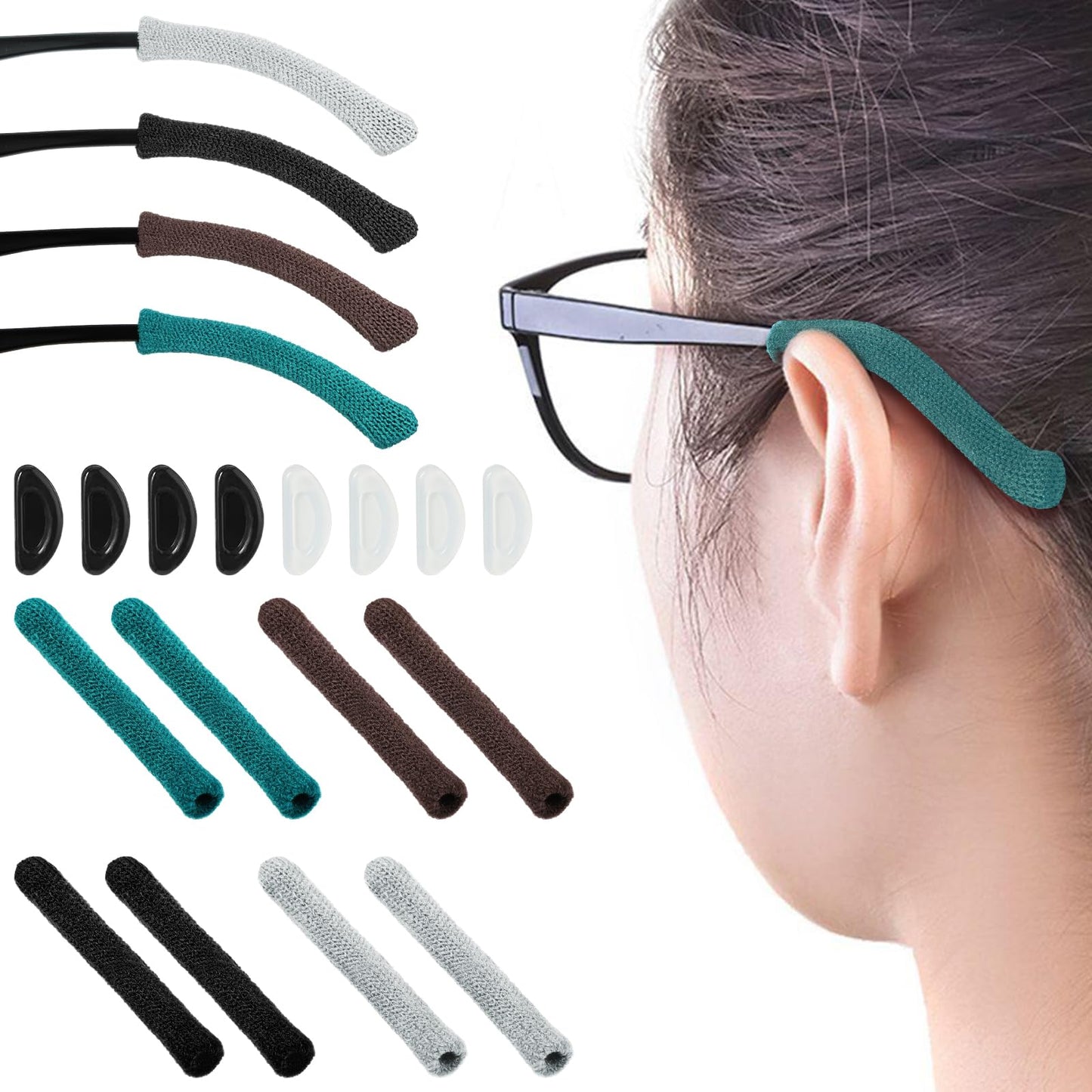 oruola 4pairs Upgrade Soft Glasses Ear Cushions,Anti-Slip Elastic Comfort Eyeglasses Temple Tips Sleeve,Eyeglass Ear Cushions,Knitting Eyeglass Ear Grips,Eyeglass Nose Pads,Glasses Accessories