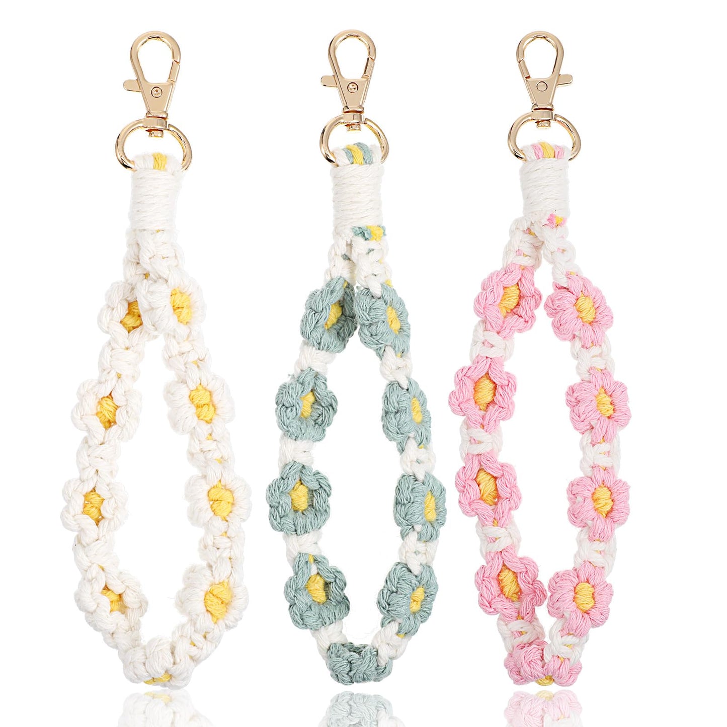 Elegaperma 3 Pack Flower Keychain Wristlet,Cute Key Chains for Women,Floral Wrist Lanyard for Keys,Weave Exquisite Keyring Holder Bracelet,Handmade Wrist Lanyard for Women(Pink,Green,White)