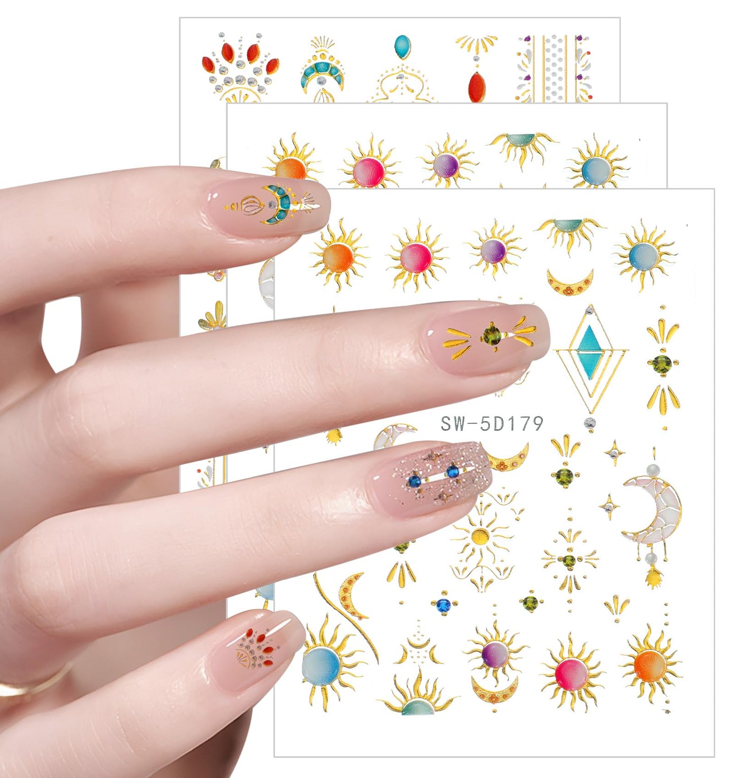 Gold Nail Stickers, 3 Sheets 5D Gold Star & Moon Designs for Women & Girls, Bohemian Self-Adhesive Nail Art for DIY Manicure Decor