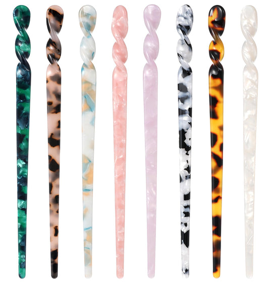 8 Pieces Hair Sticks, Tortoiseshell Leopard Print Retro Acetate Hair Sticks Chopsticks Disc Long Hair Chinese Vintage Style for Women and Girls