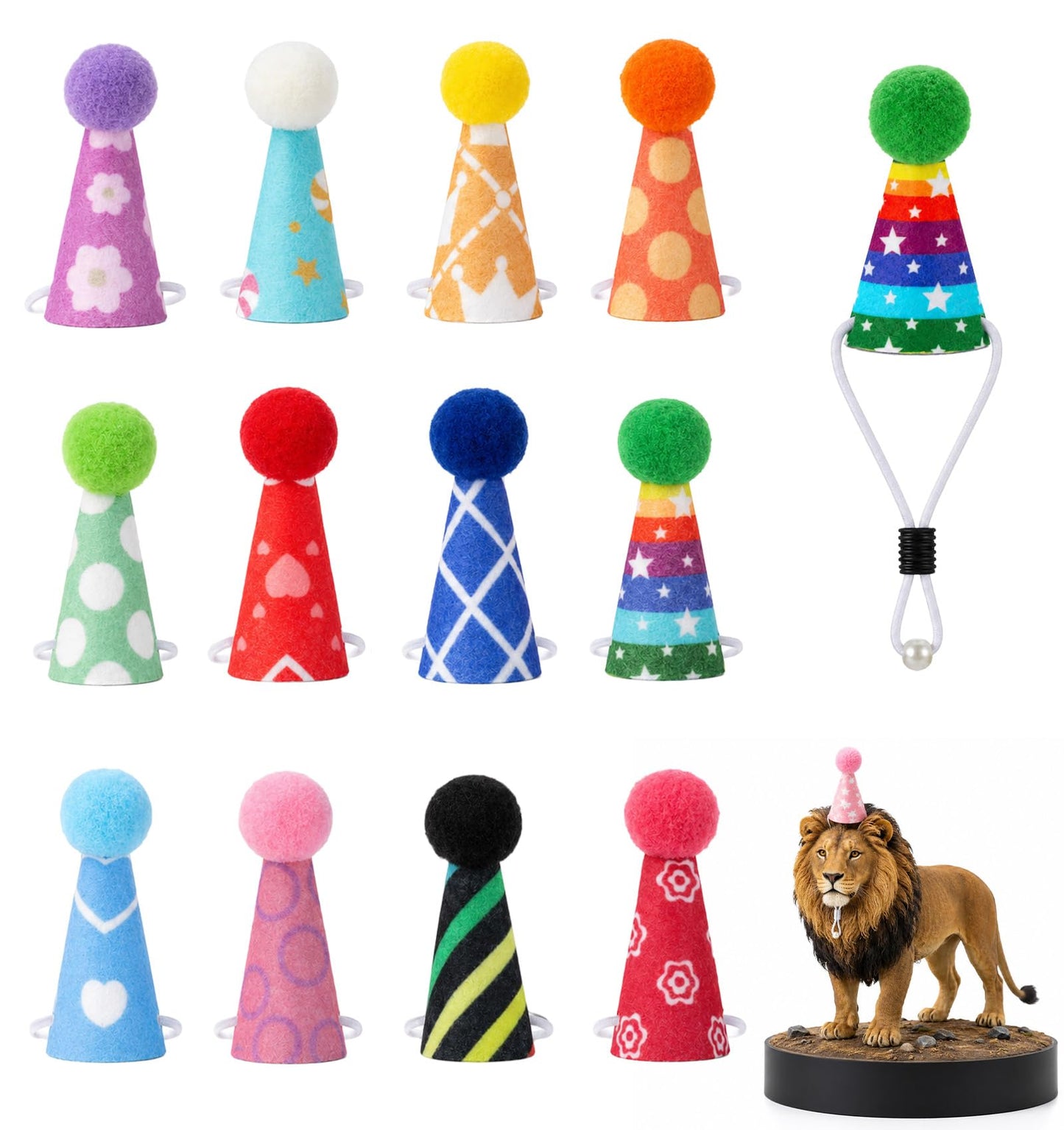 Acrbeli 12 Pcs Mini Party Hats For Toys, Tiny Birthday Hats with Pom Poms