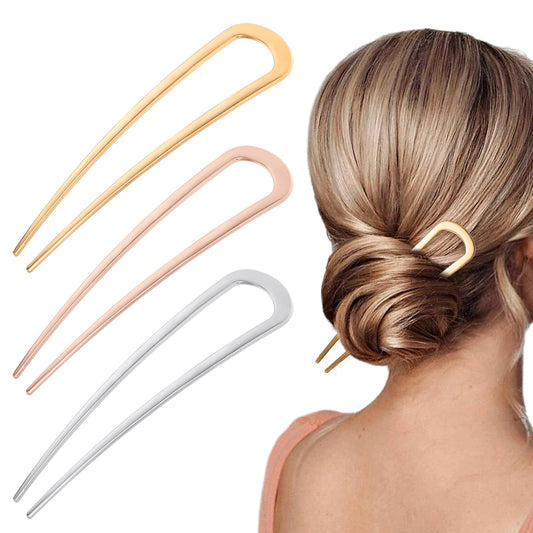Oruola 3pcs French Hair Pins for Women,French Twist Hair Pin,5.5 In Metal U Shaped French Pins Hair,Hair Fork for Updo Chignon,Elegant Hair,Vintage French Hair Pins 3 Colors