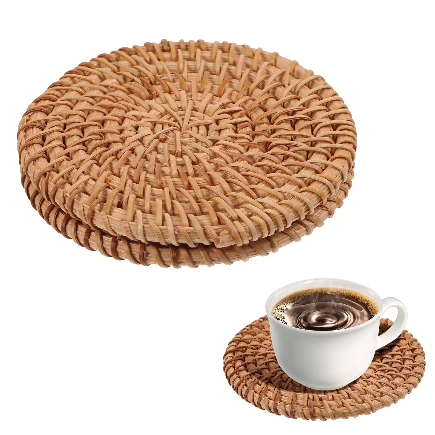 Oruola 2pcs Rattan Placemats,10cm Diameter Handmade Woven Coasters,Natural Rattan Placemats for Drinks,Tea Cups,Decorative Woven Coasters for Kitchen Table