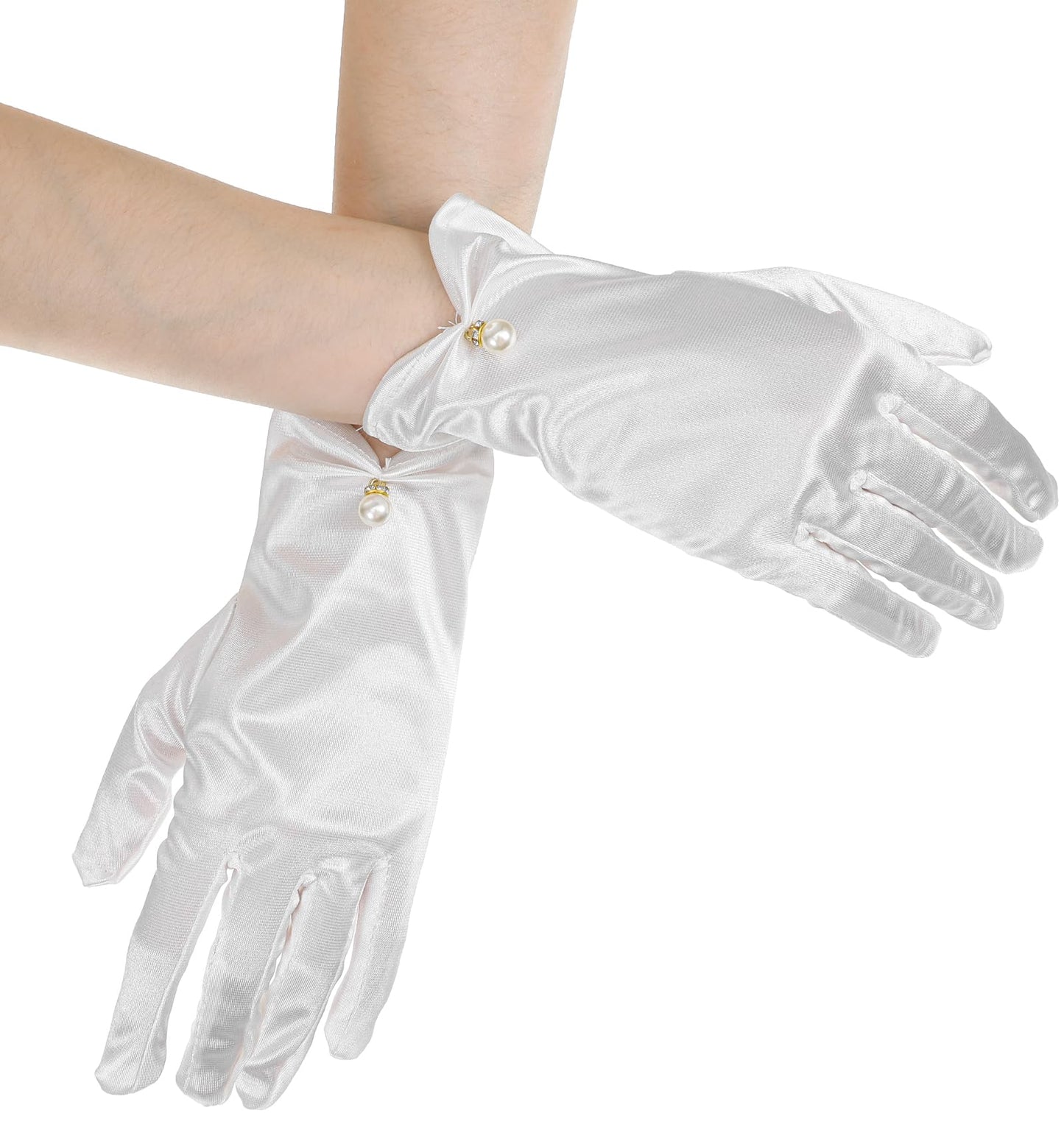 Thrymme White Gloves Women, Short White Satin Gloves for Women Elegant Dress Glove Perfect for Wedding Bride, Tea Parties & Formal Events, 1920s Style, 1Pair