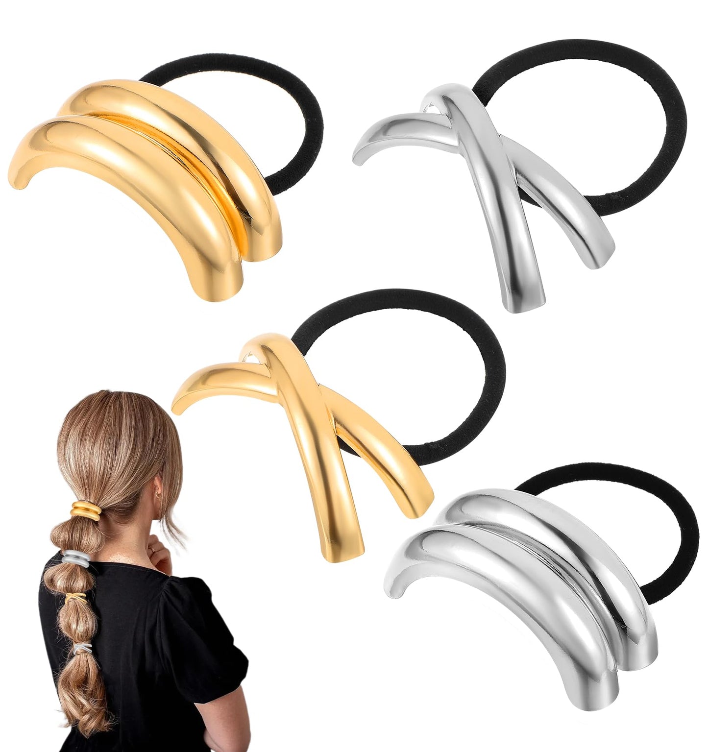 Gold Hair Scrunchies, 4 Pieces Metal Hair Scrunchies, Golden Ponytail Cuff, Hair Cuffs for Ponytail, 2 Styles, Decorative Hair Ties, Hair Cuffs for Women and Girls, All