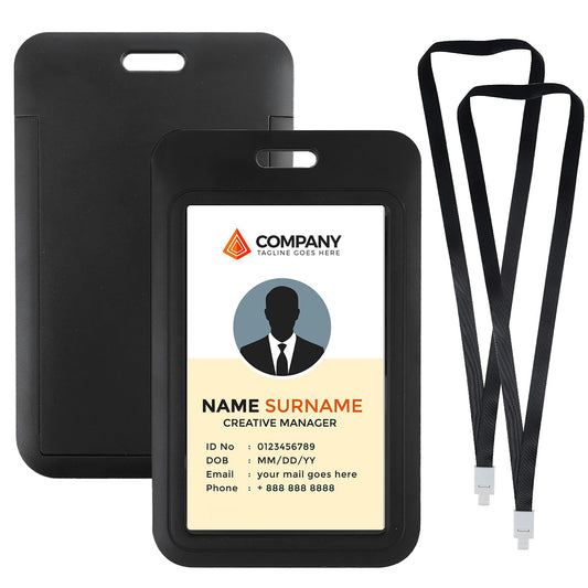 Oruola 2pcs Sliding ID Card Holder,Id Badge Holder,Hard Black Vertical Plastic Badge Holder with Lanyards,Clear Window,for Office School Factory Hospital,ID Credit Cards Driver’s Licenses & Passes